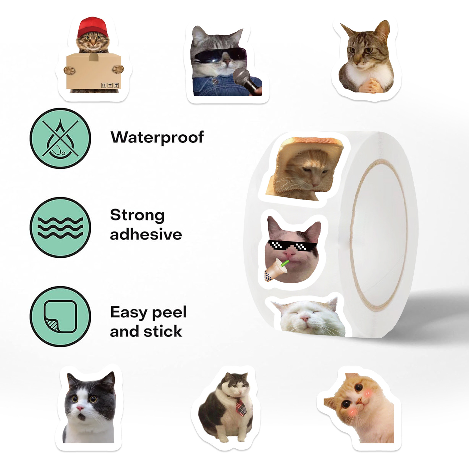 500 sheets/roll Adhesive Tape Cat Expression Hand Account Decorative Envelope Sealing Sticker