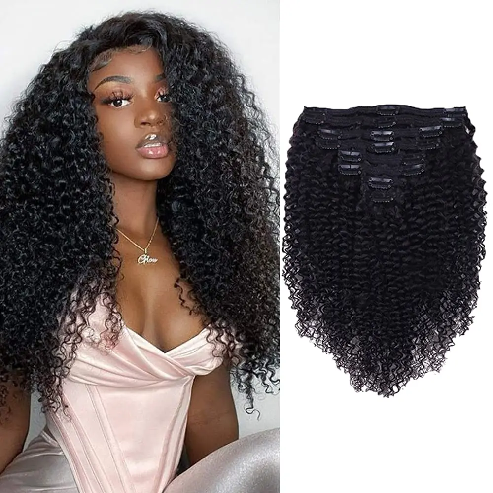 Curly Clip In Extension para Mulheres Negras, Cabelo Humano, Kinky Clip Ins, Cabeça Cheia, Remy Brasileiro, Cor Natural, 8Pcs