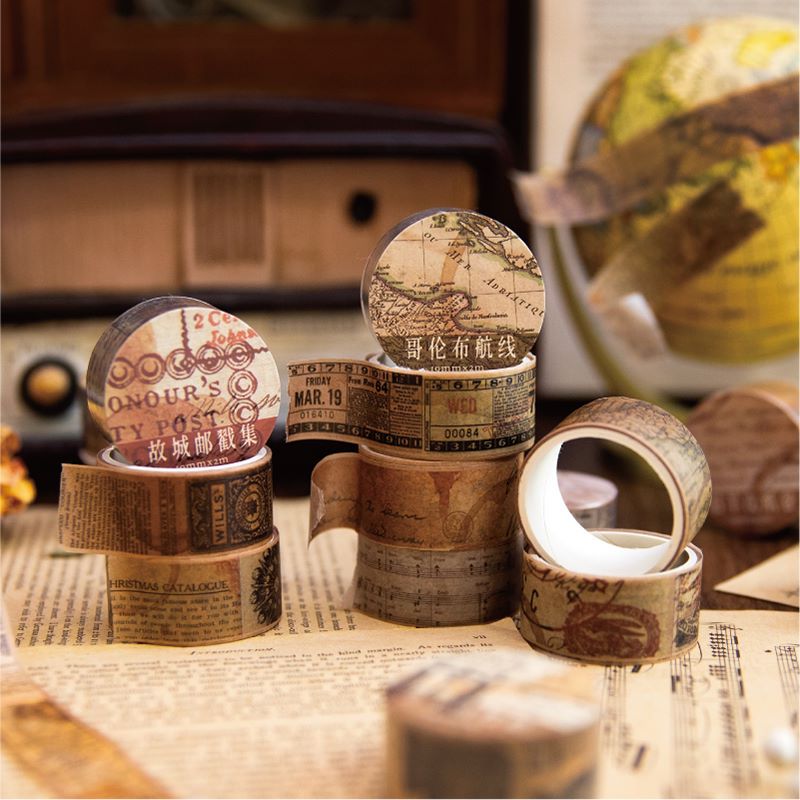 빈티지 Washi 테이프 지도 스탬프 편지 시트 음악 스크랩북 콜라주 앨범을위한 골동품 복고풍 장식 마스킹 테이프