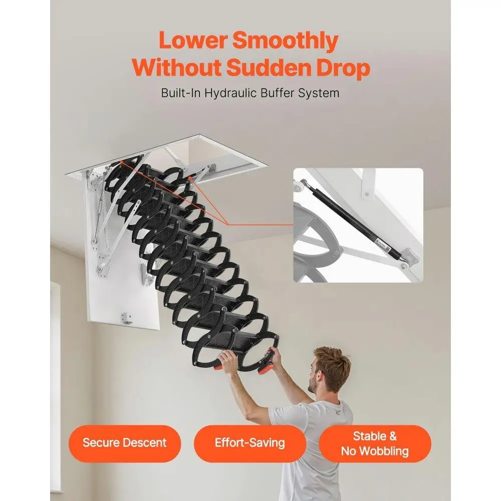 Steel Ceiling Mounted Attic Ladder for 10 .5 to 11 ft Ceilings Folding Access Stairs Space Saving Design Heavy Duty