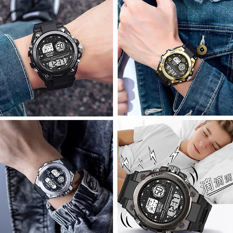 มัลติฟังก์ชั่กีฬาผู้ชายนาฬิกากันน้ํานาฬิกาปลุกส่องสว่างผู้ชาย LED นาฬิกาดิจิตอลขนาดใหญ่นาฬิกาข้อมืออิเล็กทรอนิกส์สําหรับ Man