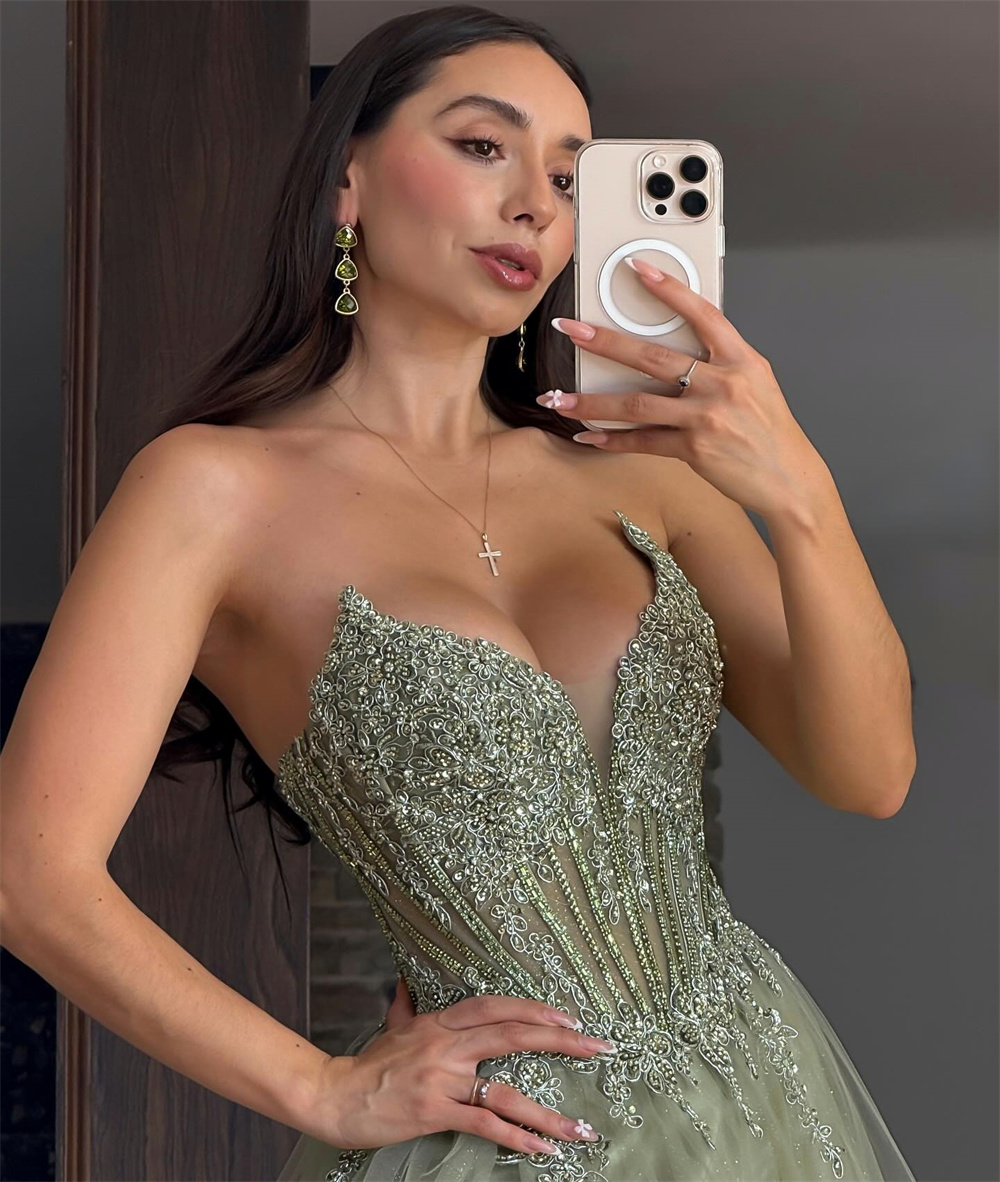 Cathy luz verde bordado com decote em v vestido de baile lado alta divisão tule vestidos de noiva personalizar a linha até o chão formatura