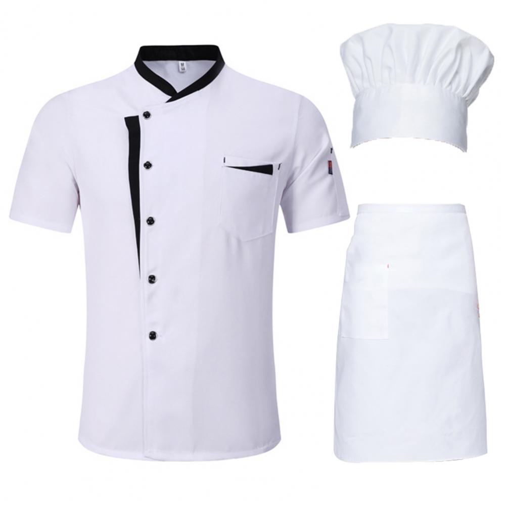 Terno de chef respirável, conjunto de uniforme de chef de cozinha de hotel, 3 peças, unissex, gola, avental, chapéu, camisa para restaurante, cozinha, manga curta