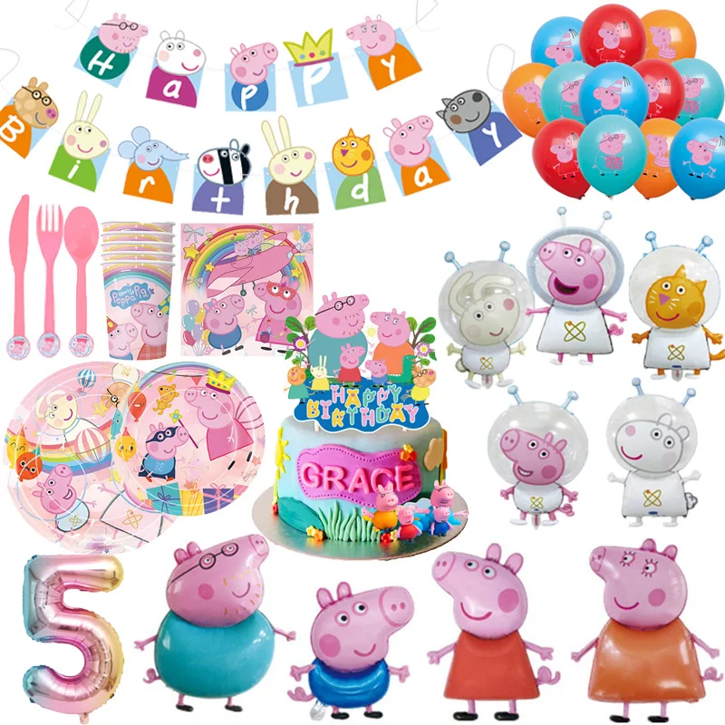Dibujos animados Peppaed Pigs decoración de fiesta de cumpleaños George Page platos de papel vajilla desechable globo para suministros para eventos infantiles