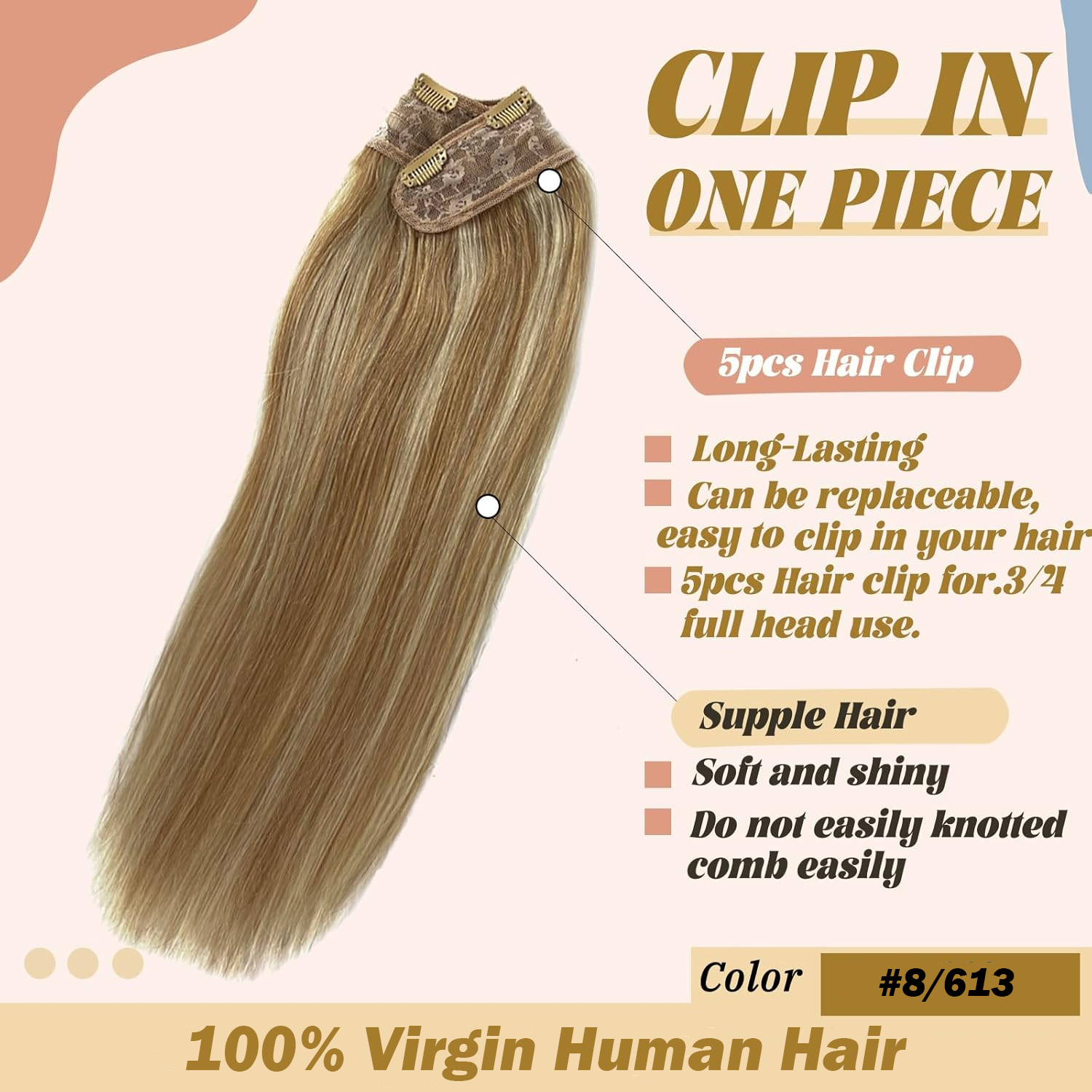 Highlight #8/613-Extensions de Cheveux 100% Humains Lisses, 5 Clips, 100g par Ensemble, Tête Complète, 1 Pièce