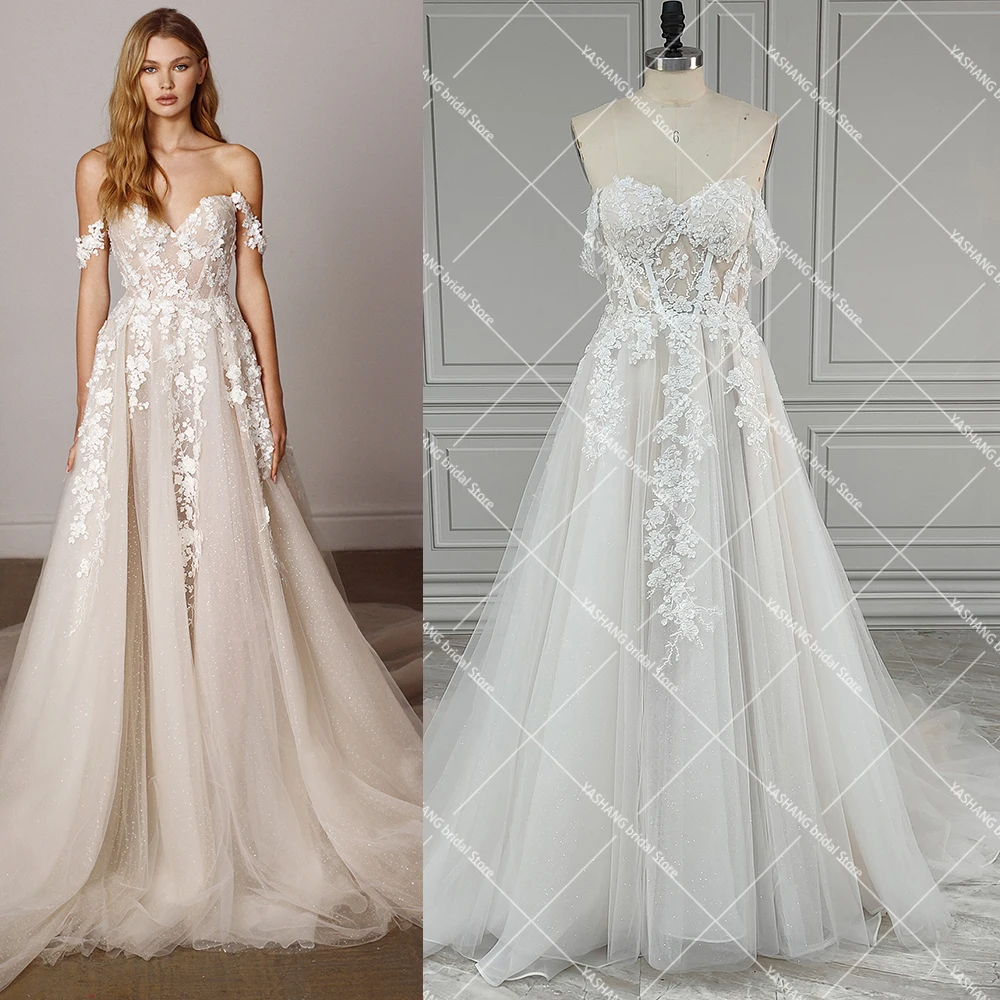 Vestido de novia de tul brillante de lujo con hombros descubiertos y flores bordadas en 3D, vestidos de novia personalizados con cordones hinchados y escote en forma de corazón