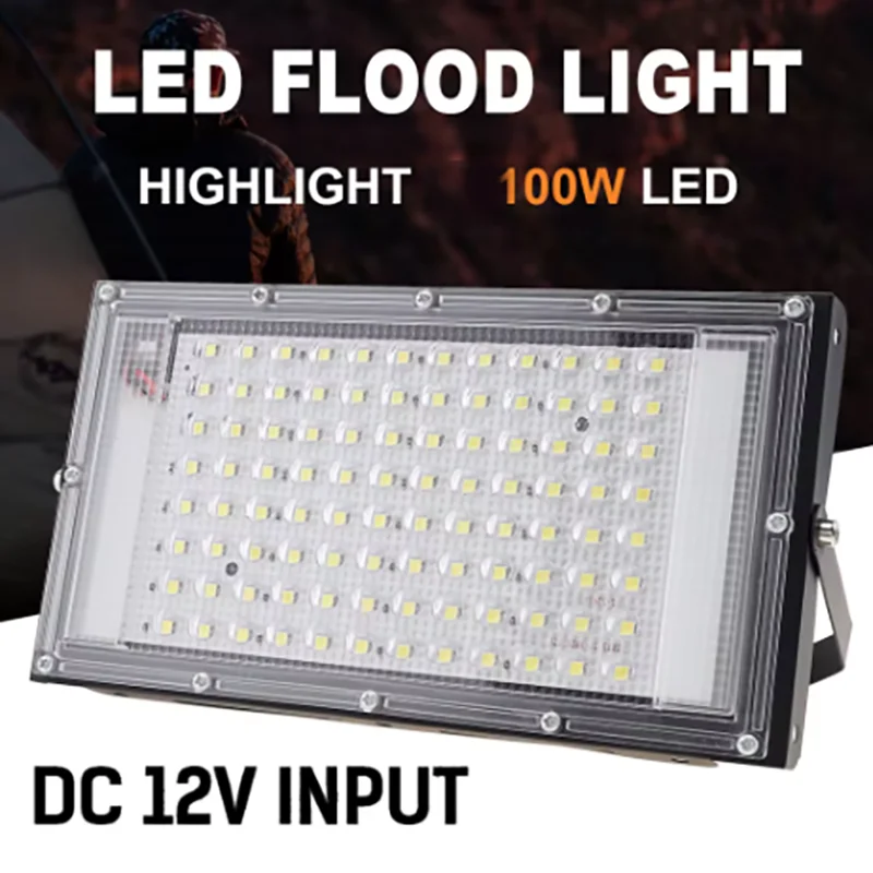 Luz de inundación Led DC 12V-85V 100W, reflector para exteriores, Reflector de 12V voltios, luz Led de seguridad portátil, conectar con batería