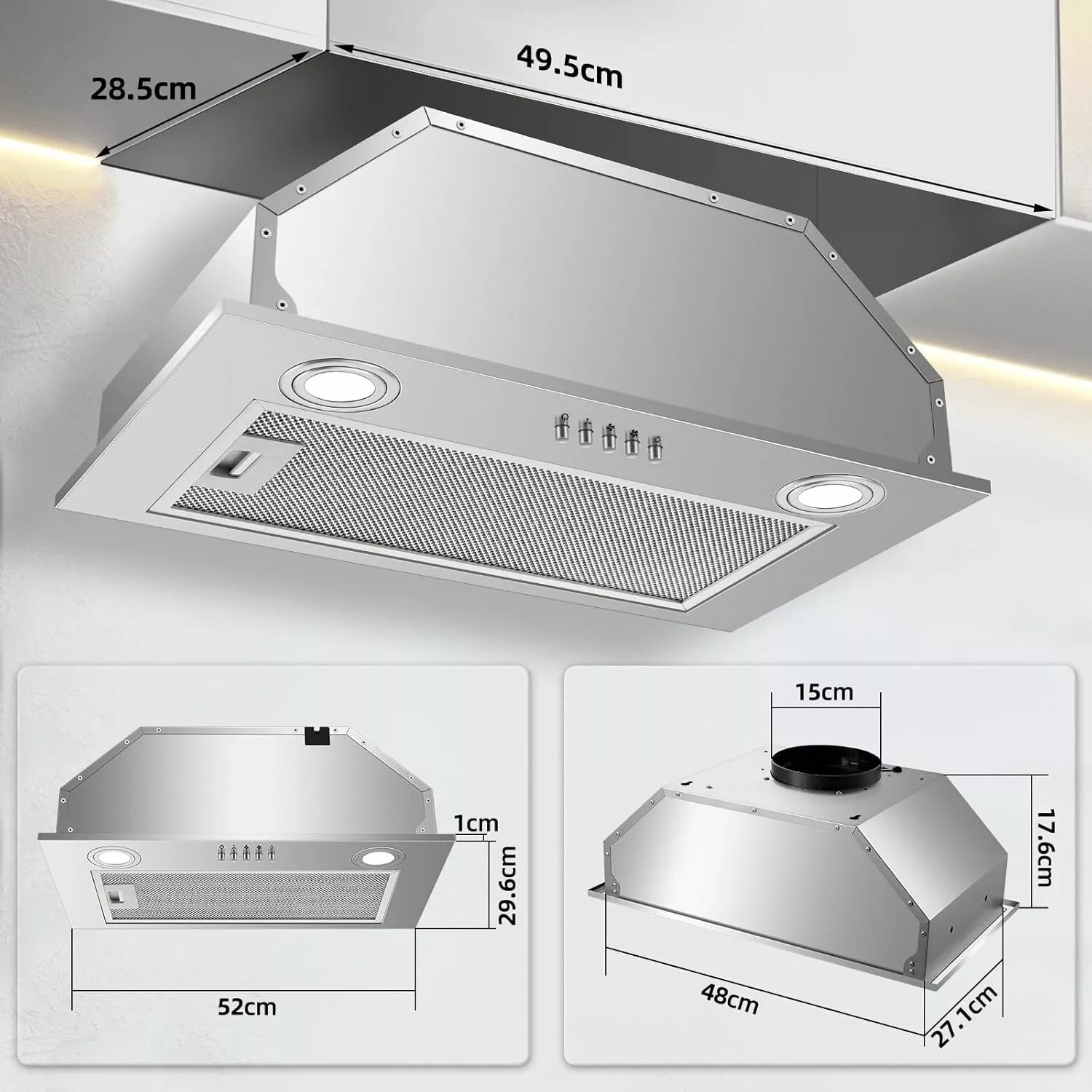 Sob o gabinete 52cm 300m3/h exaustor de recirculação de ar LED exaustor