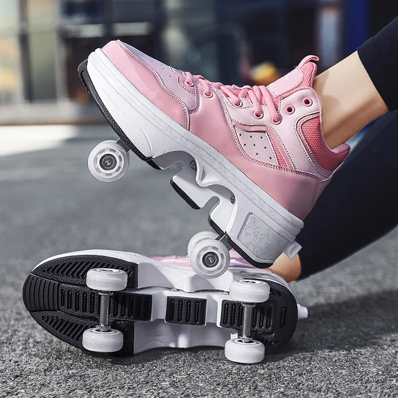 Taille 33 34 35 - 44 patins à roulettes à déformation chaussures Double rangée patins à 4 roues chaussures à roulettes baskets à roulettes à double usage chaussures