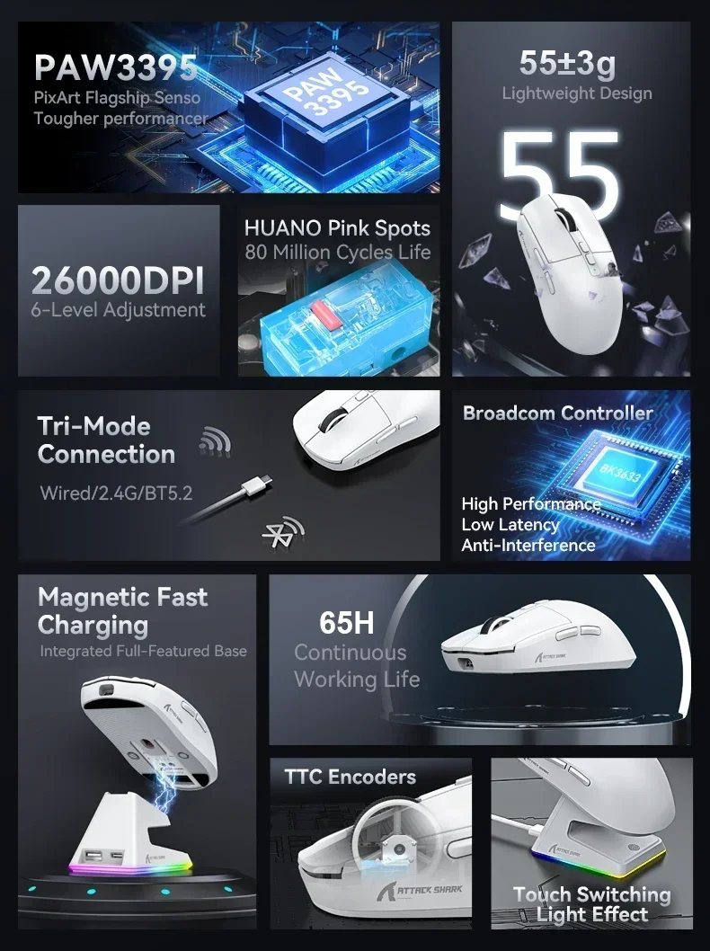 Attack Shark X6 PAW3395 Bluetooth-muis, 2.4 tri-mode-verbinding, RGB Touch magnetische oplaadbasis, macro-gamingmuis