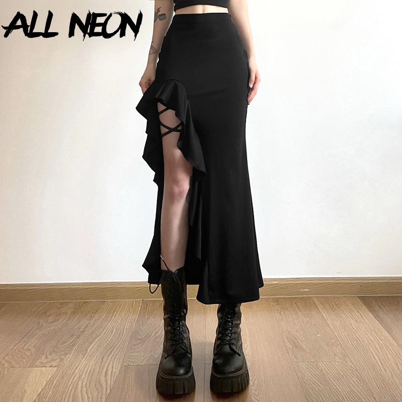 ALLNeon Gothic Schwarz Hohe Taille Bodycon Mid Rock E-Girl Punk Rüschen Split A-linie Röcke Y2K Mode Frauen Streetwear böden