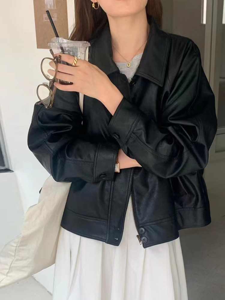 Chic Women's Leather Jacket Coat Loose BF Sle Vintage Collar Spring 2024 New Arrival Versatile Motorcycle Clothing