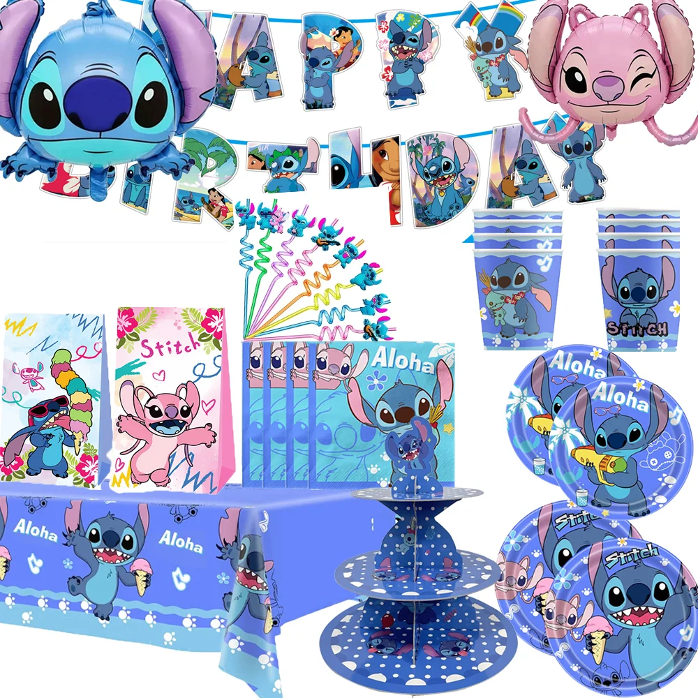 Lilo และ Stitch วันเกิดตกแต่งบอลลูนถ้วยของขวัญกระเป๋าผ้าเช็ดปากผ้าปูโต๊ะ Cakestand Party Supplies