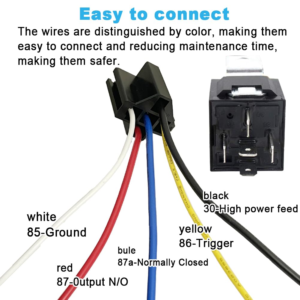 JD-1912 5 SZTUK 12V 5-pinowy przekaźnik samochodowy 40A z gniazdami SPDT, przewodami z oznaczeniem kolorów do samochodów ciężarowych, furgonów, motocykli i łodzi