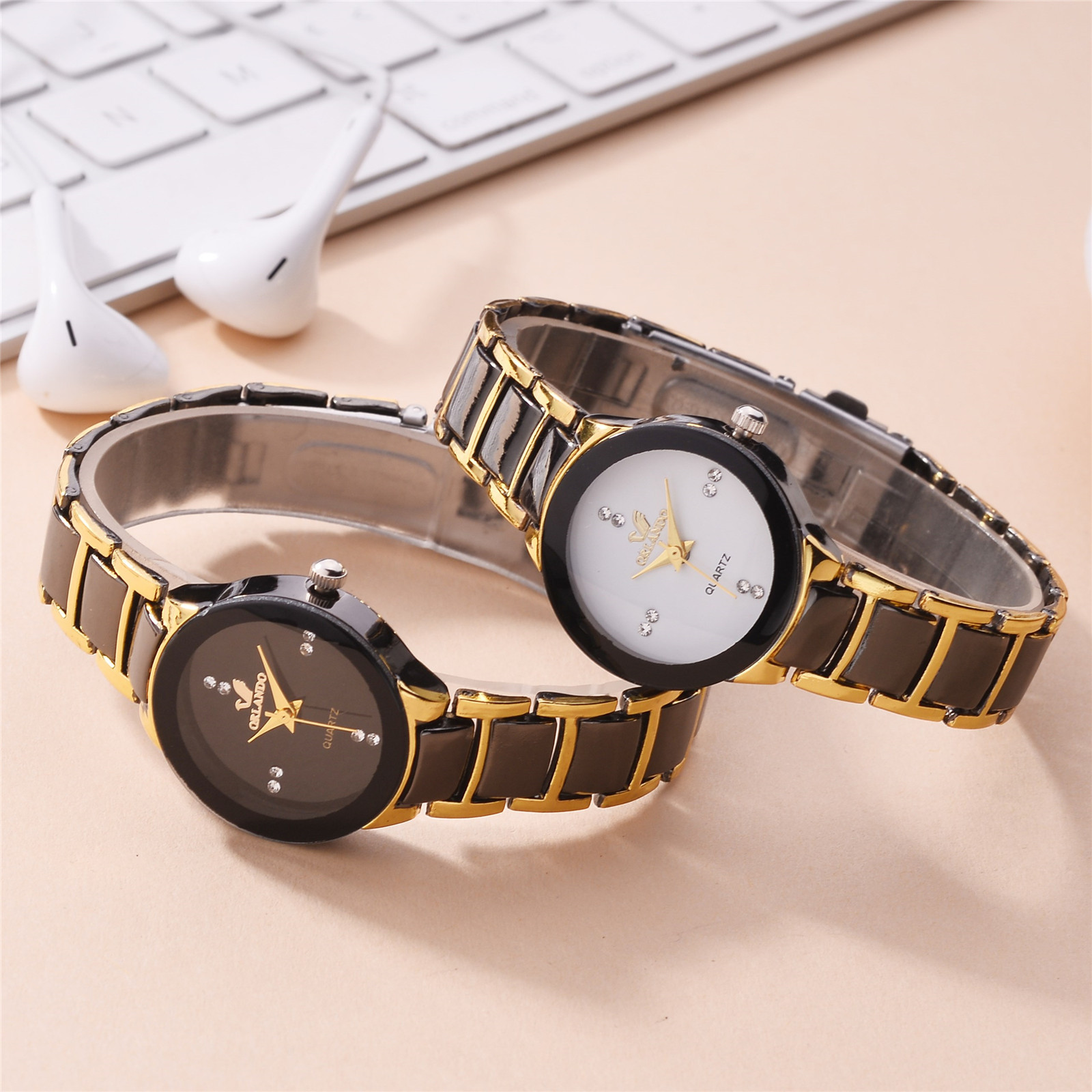 Par de relojes de lujo para mujer, relojes de acero inoxidable informales para amantes, relojes de pulsera femeninos