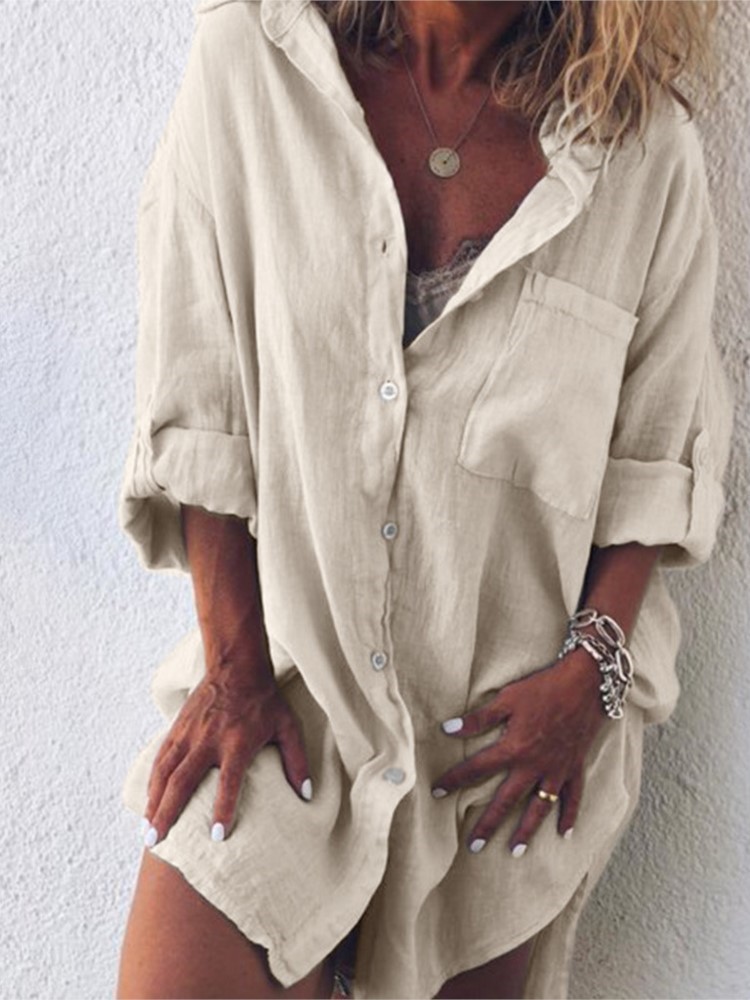 Novedad de verano para mujer, camisa de manga larga con botones de playa y bolsillo de lino y algodón a la moda, ropa informal y cómoda de talla grande para mujer