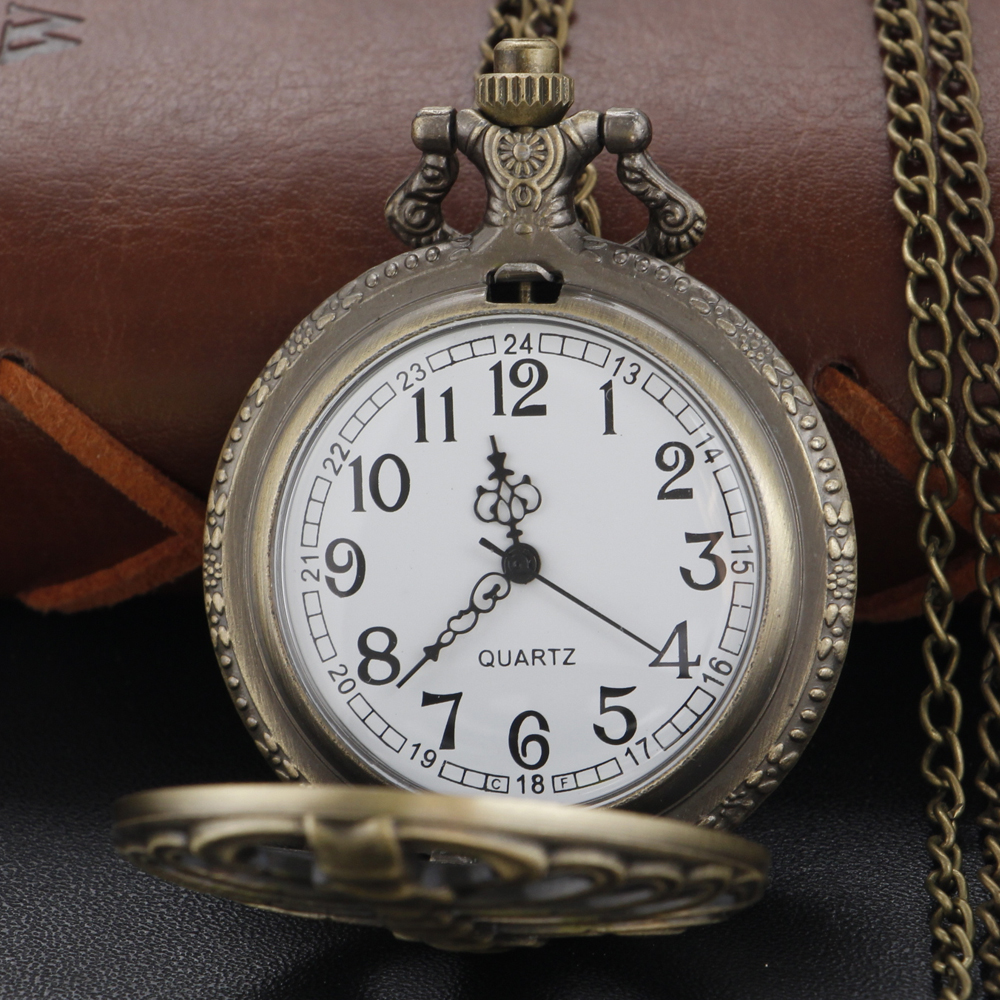 Interessante relógio de bolso de quartzo em formato oco com nervuras, pulseira de bronze vintage, colar para presentes de Halloween para homens e crianças