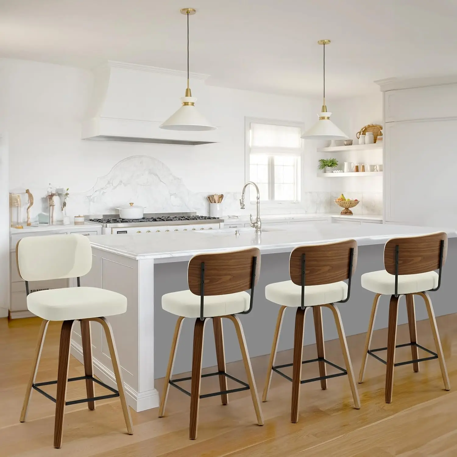 Swivel Counter Height Bar Stools Set of 4, 26" Upholstered Faux Leather Barstools,Mid Century Modern Chair Island ,Cream White