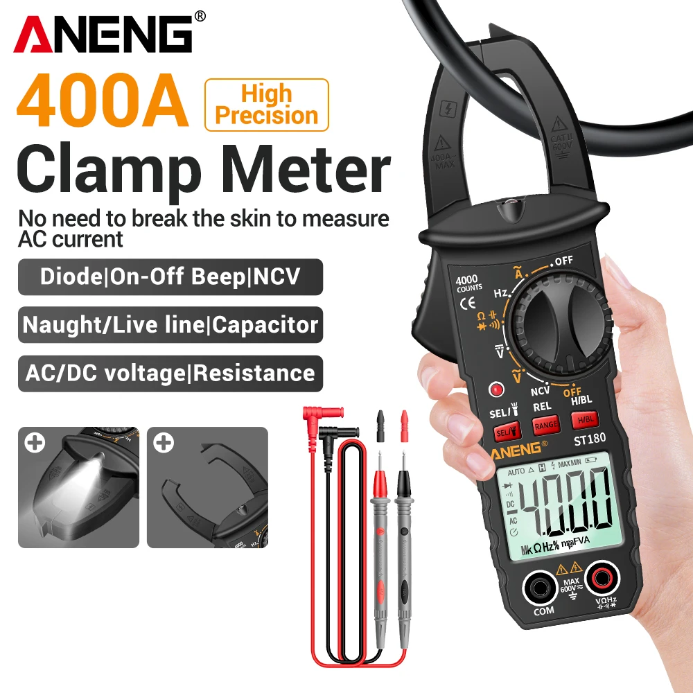 Zangenmessgerät ANENG ST180 Digitalmultimeter AC-Strommesser 4000 Zählungen Amperemeter Spannungsprüfer Amp Hz Kapazität NCV Ohm Werkzeug