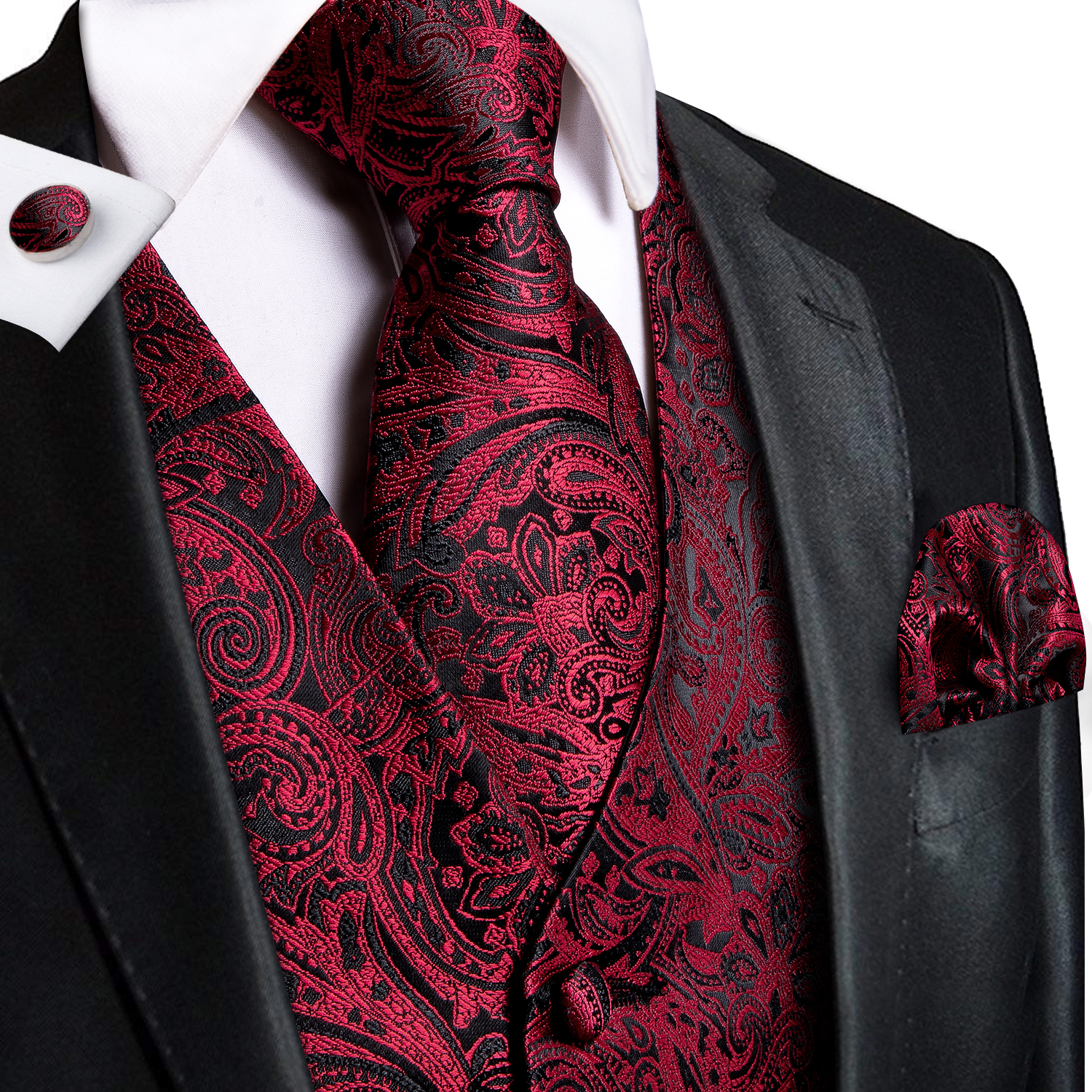 Hi-tie 4 peças colete masculino de seda com gravata lenço abotoadura vestido formal de negócios fino sem mangas jaqueta borgonha paisley terno colete