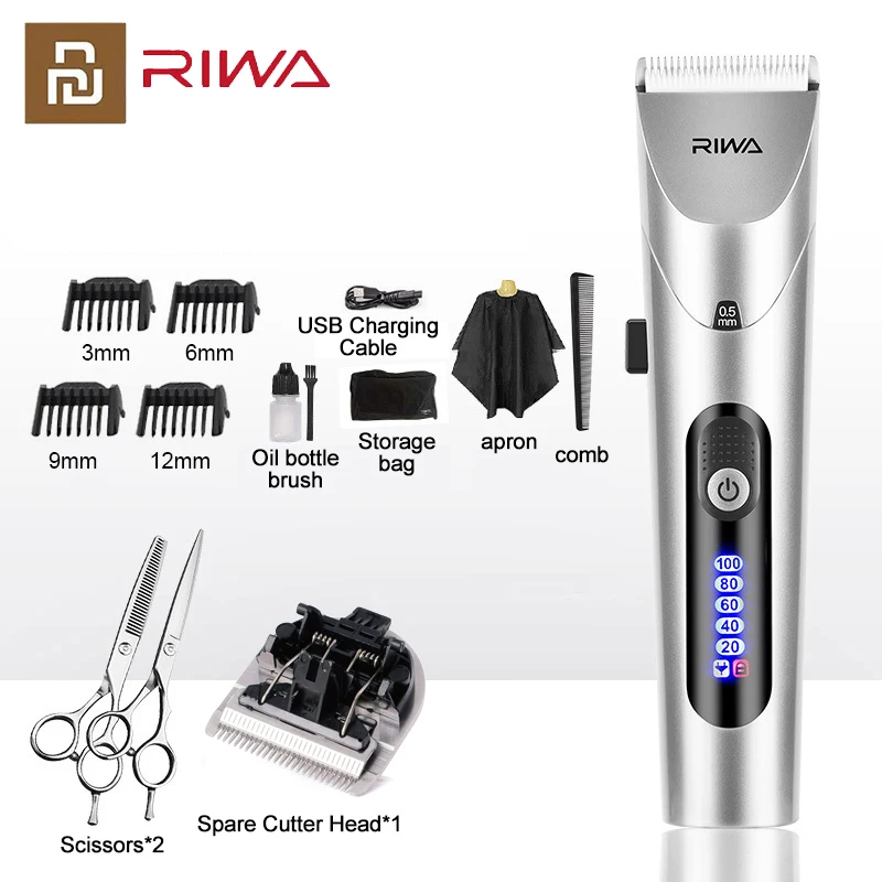 Youpin RIWA 머리 깎기 LED 스크린이있는 남성용 전문 전기 트리머 빨 수있는 충전식 남성용 강력한 파워 스틸 헤드