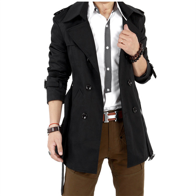 Chaqueta cortavientos para hombre Vintage negro caqui primavera otoño gabardina de negocios para hombre doble botonadura Retro clásico abrigo largo grueso