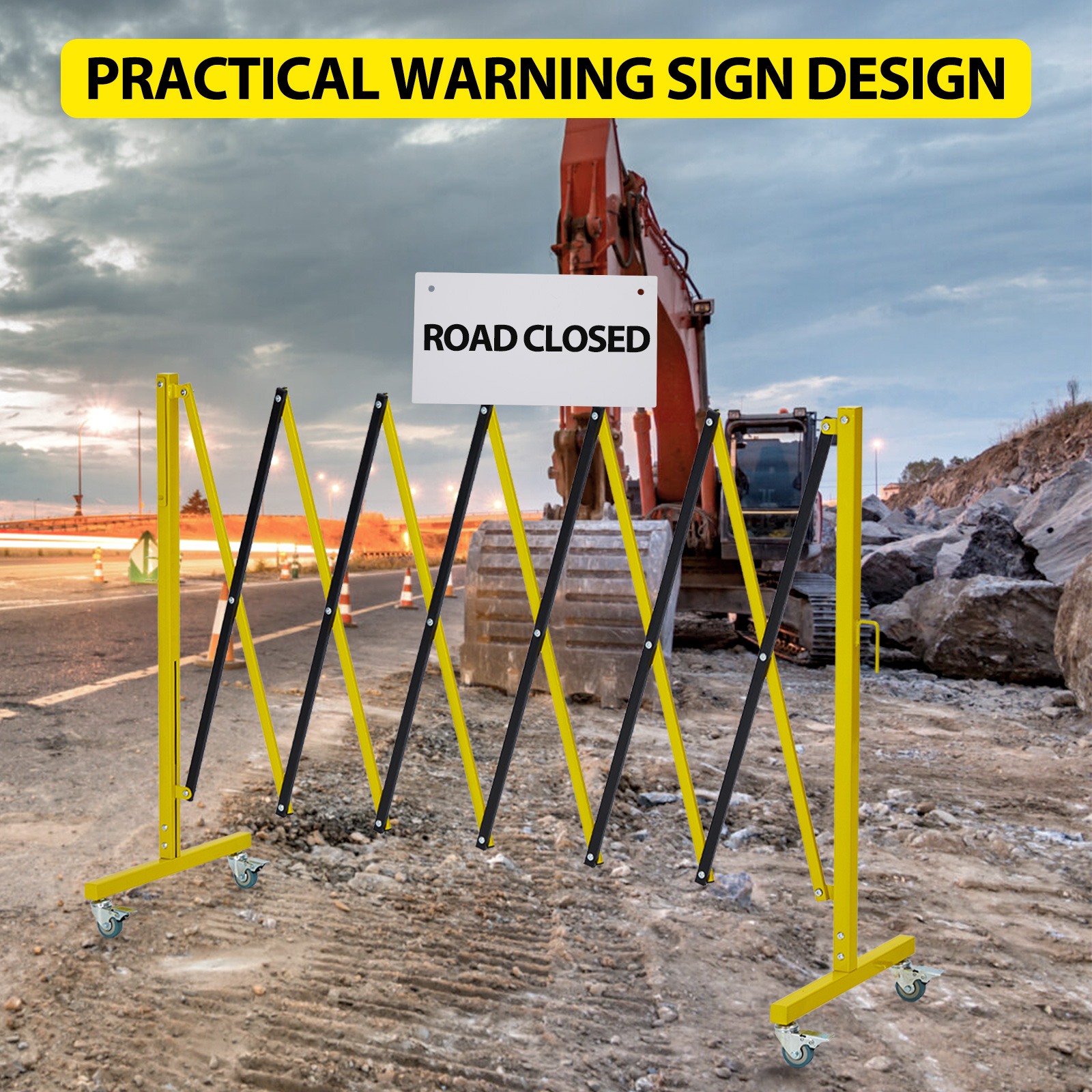 Industrial Expandable Metal Barricade, 11 Feet, Mobile Safety Barrier Gate, Retractable Traffic Fence With Warning Board Casters