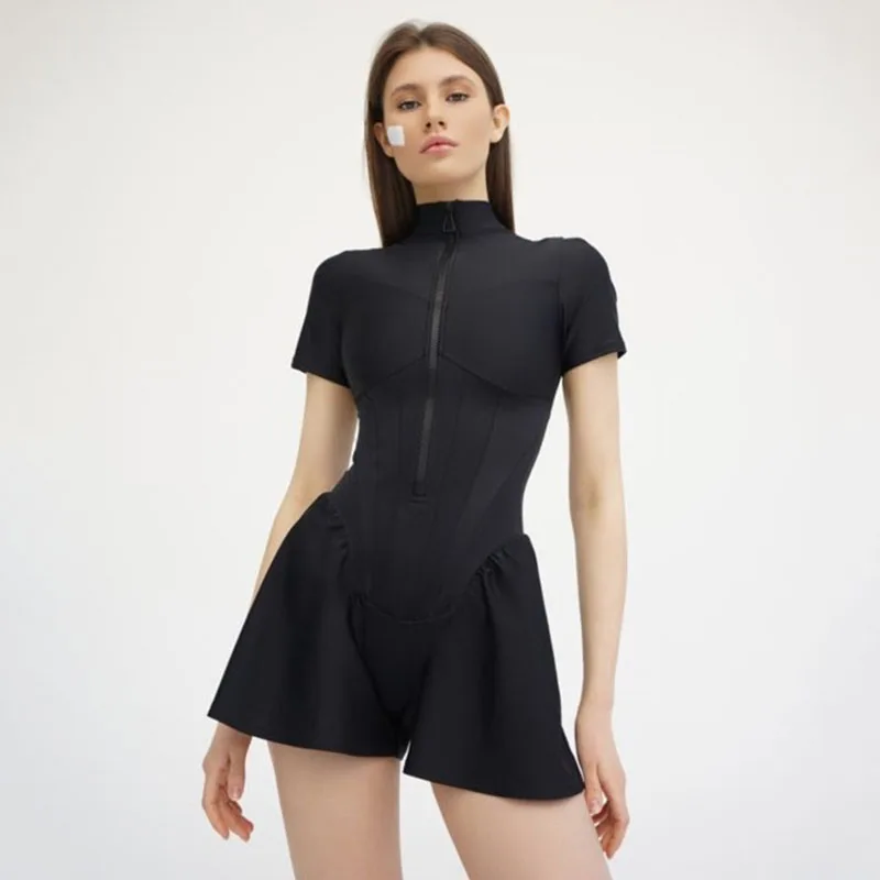 2025 neue frauen Overall Einfarbig Zip-Up Oansatz Kurzarm Sport Bodys Frauen Sommer Sexy Schlank Einteiliges playsuits