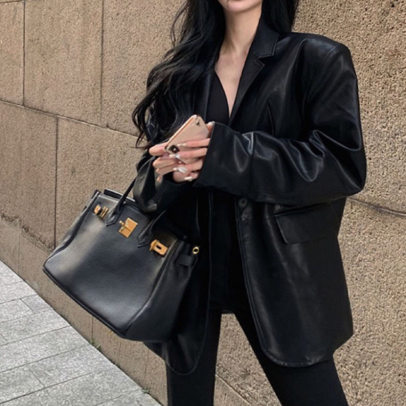 Faux Pu Leather Jacket Women Coats Blazer Turn Down Collar Jackets Coat Open Stitch Maxi Casual Elegant Y2k Punk Streetwear