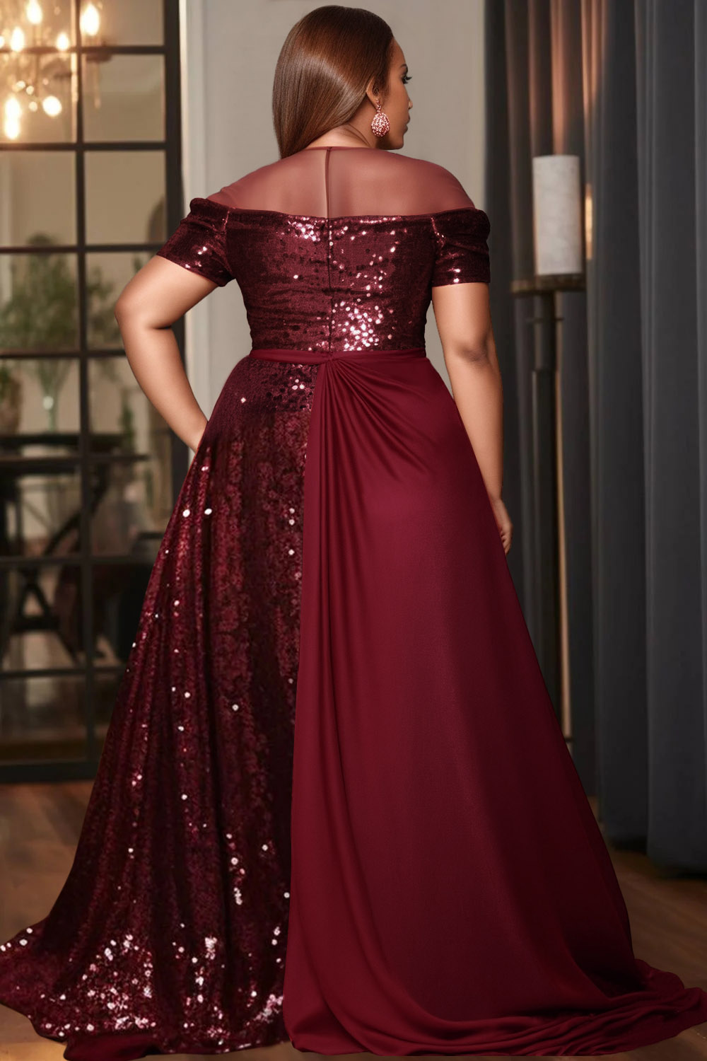 Plus Size Formal Satin Burgundy Round Neck Short Sleeve Contrast See Through Sequin Maxi Dresses