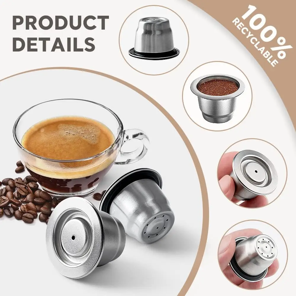 Wiederverwendbare Kaffeekapsel für Nespresso Espresso Crema Cups, nachfüllbare Kaffeepads aus Edelstahl, Filter mit Tamper-Dosierring