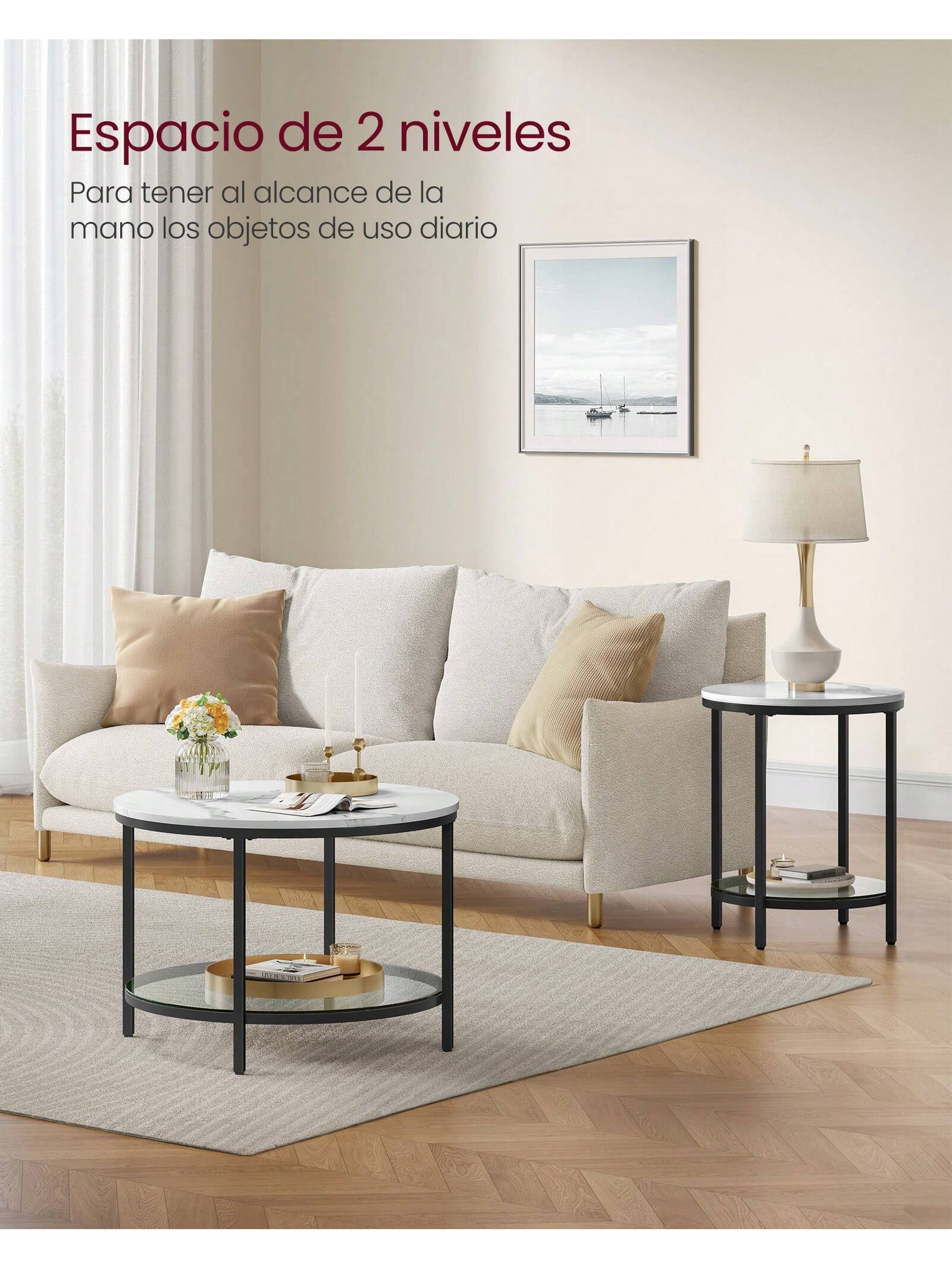 Mesa de centro VASAGLE: parte superior redonda de mármol de imitación, estante de cristal Montaje fácil, estilo moderno para sala de estar. Mármol Blanco/tinta negra