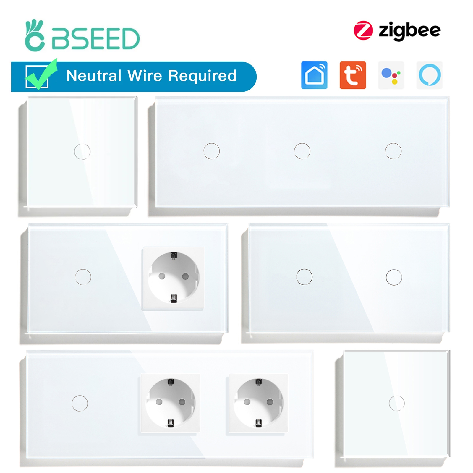 BSEED Zigbee 1/2/3Gang сенсорные выключатели света 1/2/3Way Tuya Smart Life Alice App Control Plus нормальные розетки европейского стандарта требуется нейтраль