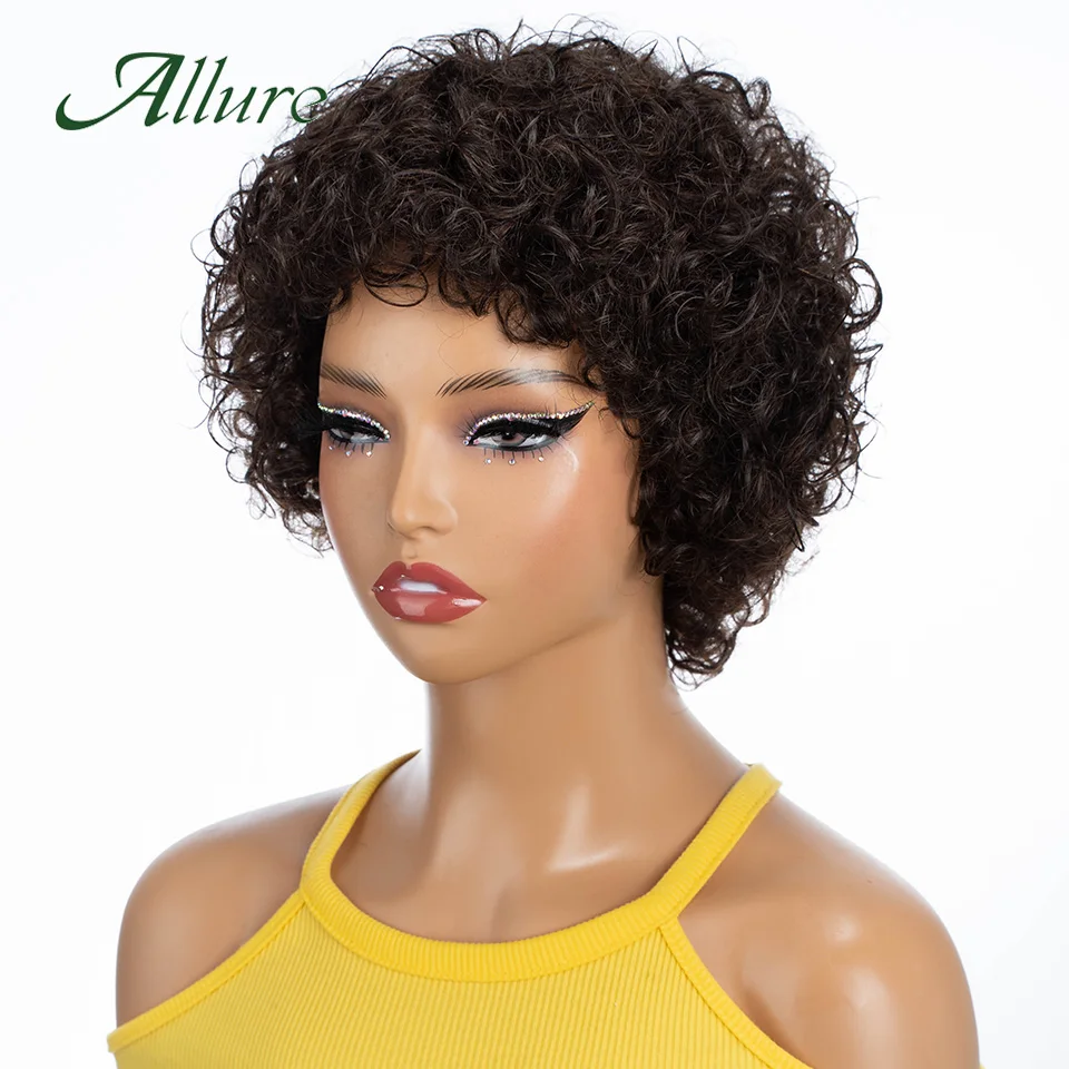 สั้นPixie Afro Kinky Curlyวิกผมสําหรับผู้หญิงสีดําGluelessสีน้ําตาลธรรมชาติBobวิกผมกับBangs Jerry CurlyวิกผมAllure