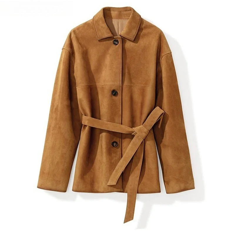 Veste rétro haut de gamme en daim pour femme, manteau Long à simple boutonnage, col carré Auburn, avec ceinture, vêtements d'extérieur pour femmes