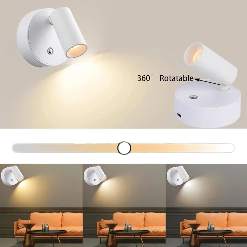 Base magnética usb recarregável led sem fio luz de parede com interruptor toque preto branco ímã regulável lâmpada cabeceira para leitura