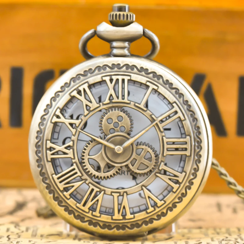 Vintage brąz Steampunk miedź wycięcie biegów kwarcowy zegarek kieszonkowy naszyjnik wisiorek łańcuszek z zegarem mężczyźni kobiety łańcuszek prezent