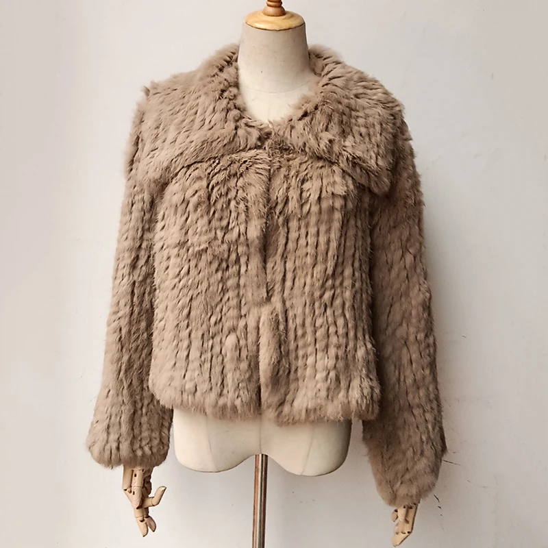 2023 frauen Winter Gestrickte Echt Kaninchen Pelz Mantel Lose Hohe Qualität Lose Natürlichen Pelz Jacke Langarm Luxus Echtem Pelz mäntel