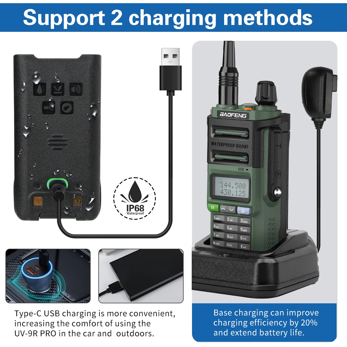 Baofeng UV-9R Pro V2 V1 Walkie Talkie IP68 impermeable de doble banda tipo C actualización de largo alcance Tri-power Ham CB Radio bidireccional