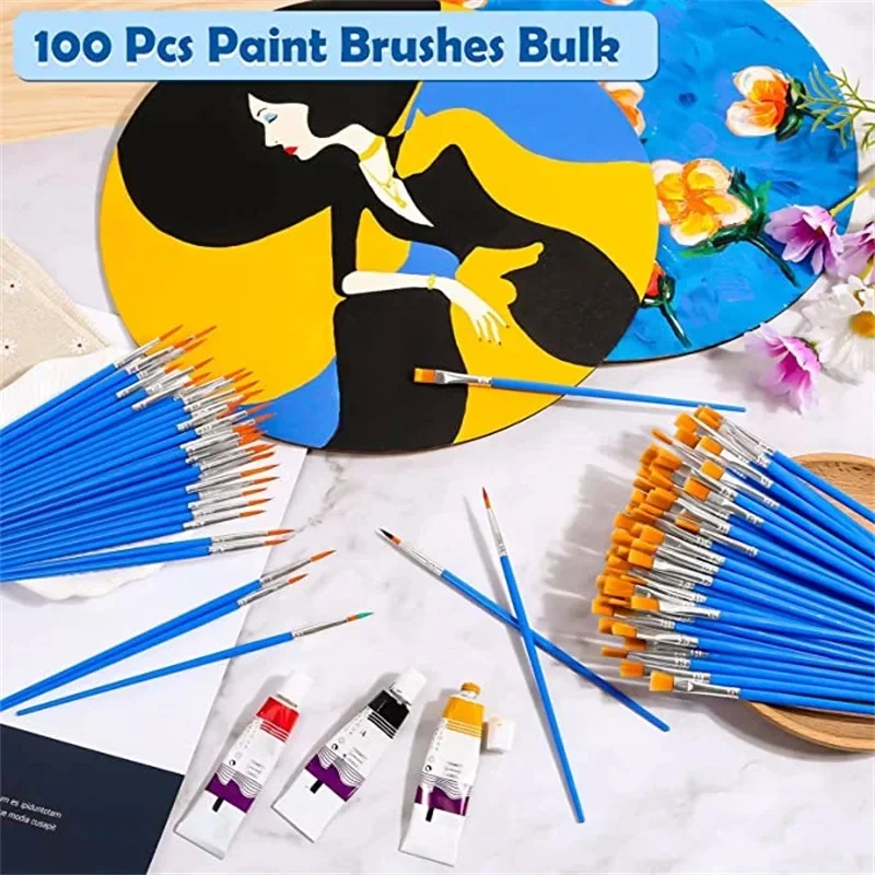 Set di pennelli da 100 pezzi per bambini in acrilico con pennelli piatti e rotondi a punta Pennelli per pittura a olio ad acquerello artigianale