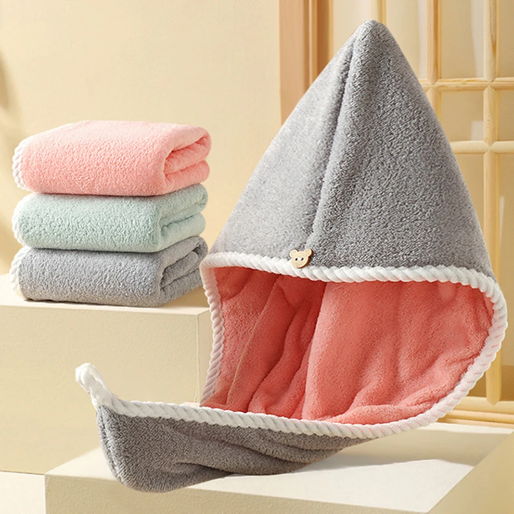 Double Thick Dry Hair Towel Double Sides Use Dry Hair Cap Multi-color Strong Absorbent Rippled Edge Thick Quick Drying Bath Hat