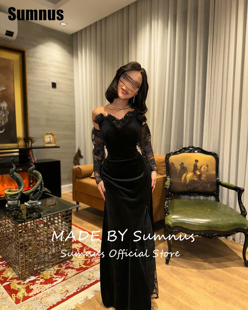 Sumnus Elegant Mermaid สีดํา Velour พรหม Sweetheart ชุดราตรียาวลูกไม้ FBساتة ที่กําหนดเอง