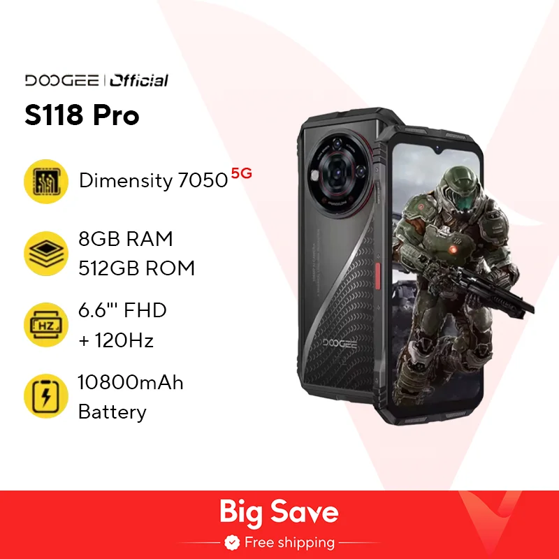 Doogee s118 pro 5g telefone robusto dimensão 7050 6.6 ''fhd 120hz 8gb ram 512gb rom 10800mah bateria celular nfc celulares