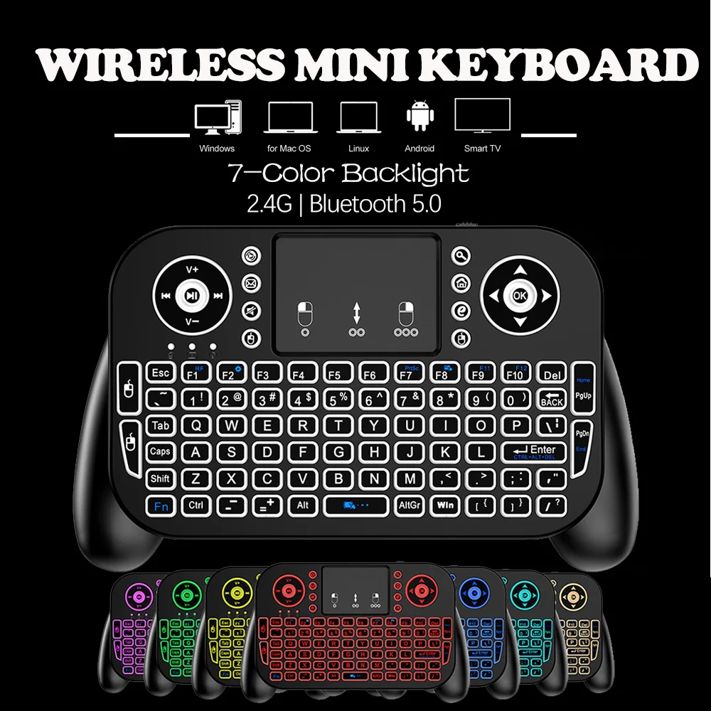 Mini teclado inalámbrico V8 2,4G Bluetooth 7 colores retroiluminado portátil Air Mouse Control remoto panel táctil para Android TV Box
