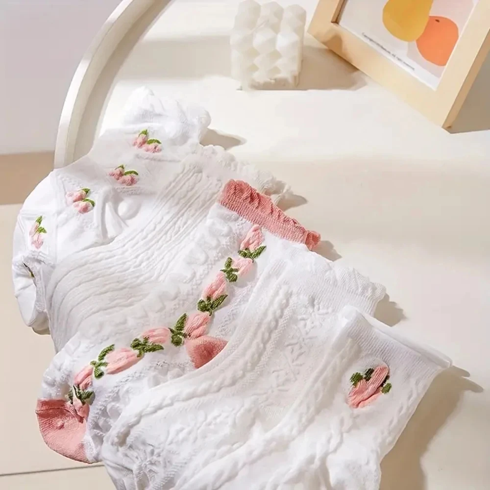 Meias femininas com babados de renda média tubo, lolitajk, estilo harajuku, suave, versátil, elegante, meninas, fofo, outono, inverno, 5 pares