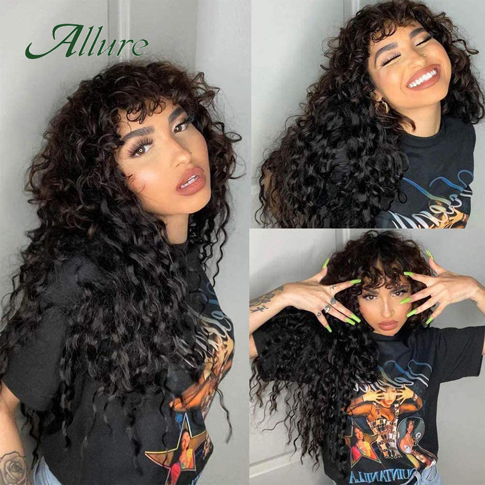 ธรรมชาติ Jerry Curly วิกผม Bangs วิกผมผมมนุษย์ผู้หญิงสีดําสั้นสี Burgundy สีน้ําตาล Glueless บราซิล Remy ผม Allure