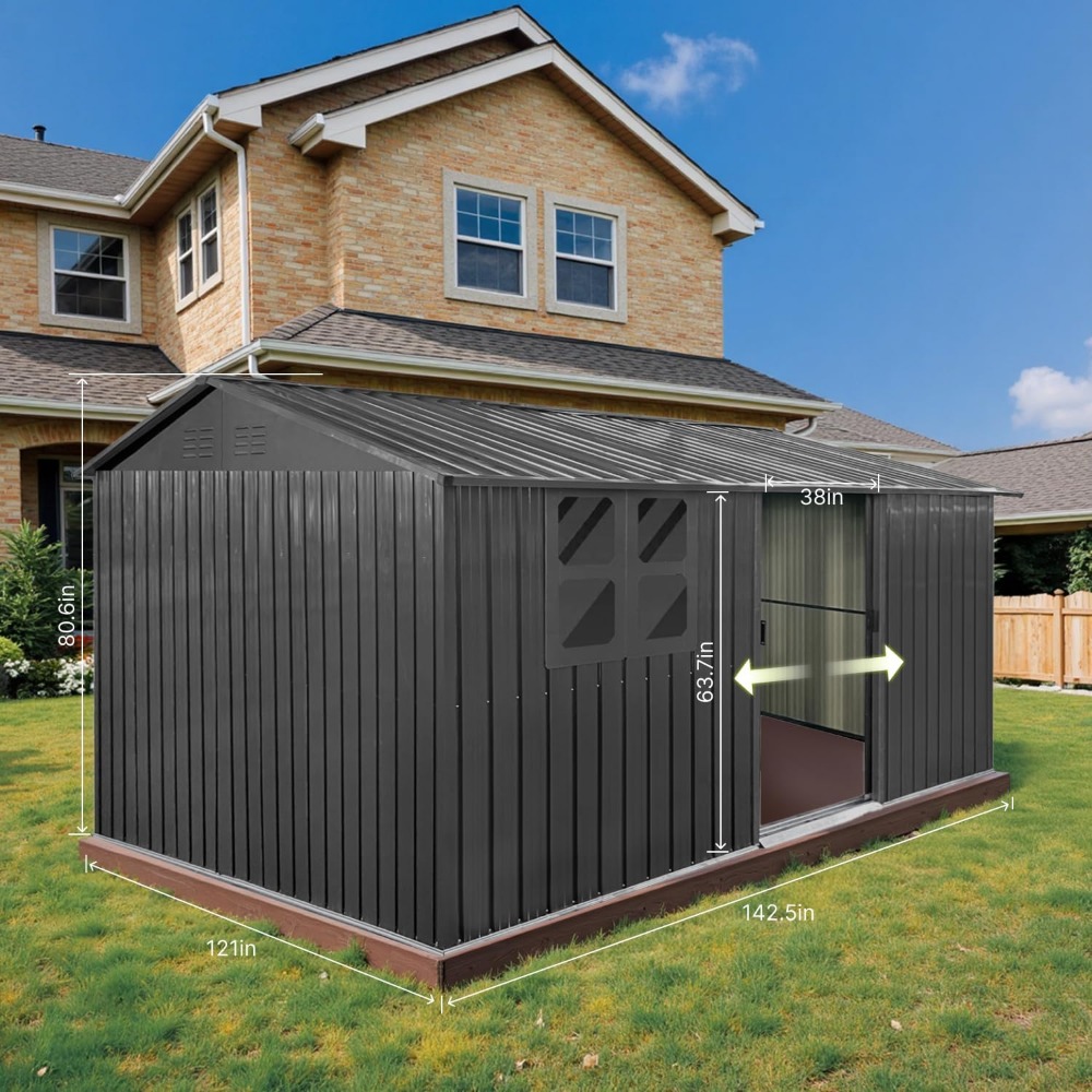 12x10 Ft Storage Shed Outdoor, XL Permanent Steel Building with Window, Sliding Doors and 4 Air Vents for Backyard Garden Patio