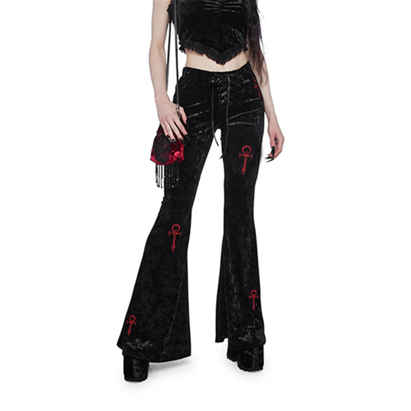 Pantalones góticos de terciopelo oscuro acampanados de cintura alta, moda Harajuku, pantalones largos suaves con bordado cruzado, pantalones ajustados góticos para centro comercial de otoño para mujer