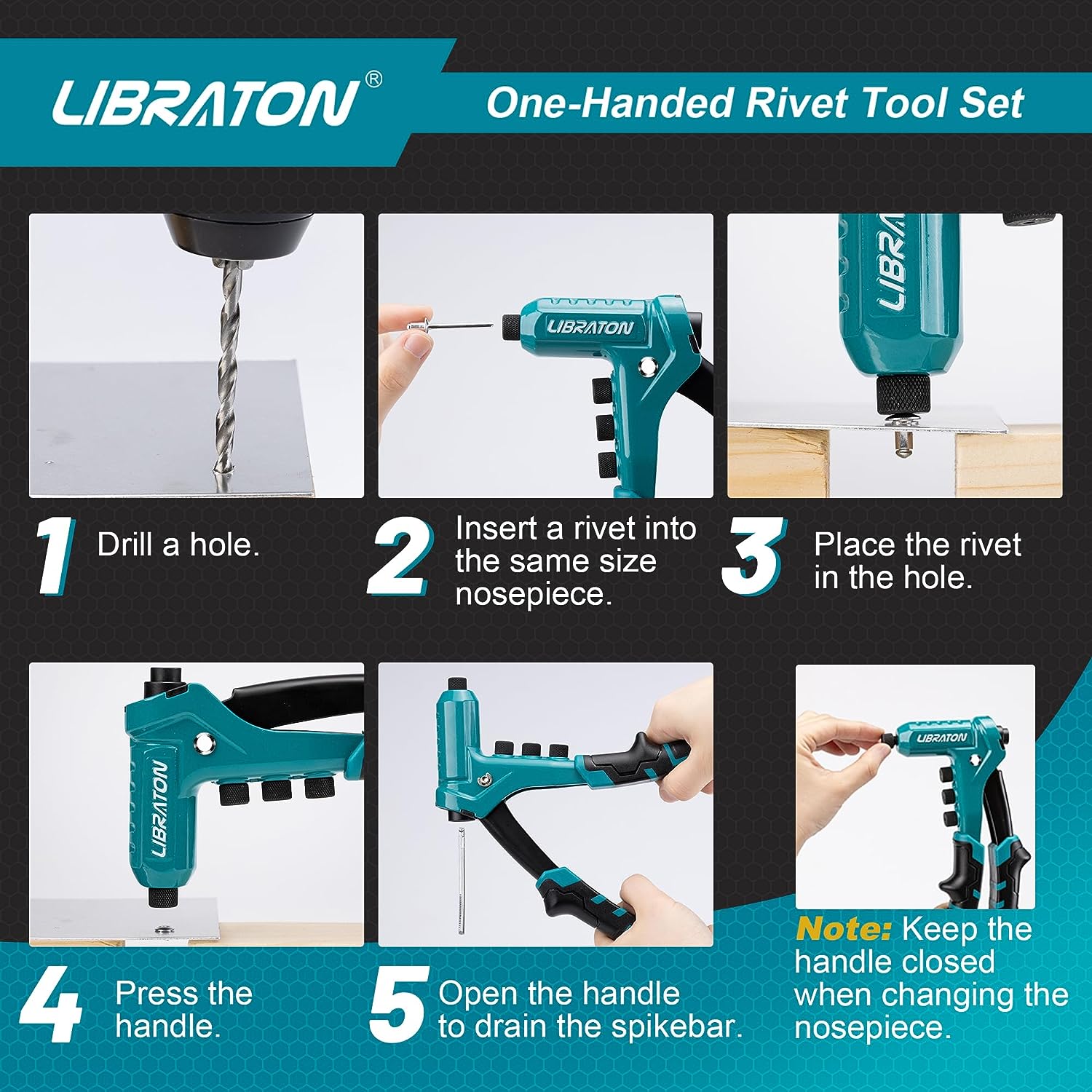 Libraton pistola de rebite de uma mão pop conjunto de arma de rebite profissional mão rebitador manual ferramenta de rebitagem com 200 rebites para metal