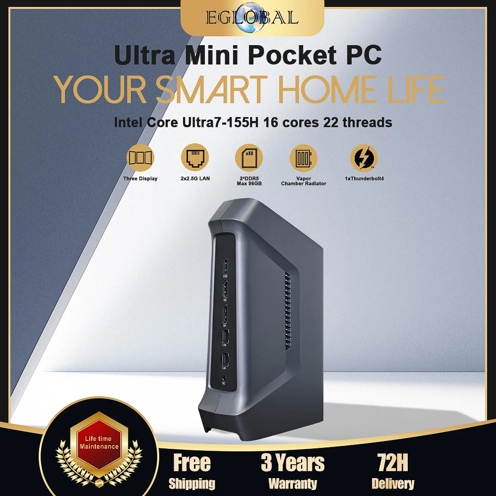 Mini PC ที่มีประสิทธิภาพ Intel Core Ultra7 16 แกน 22 เธรด 16GB DDR5 512GB SSD WiFi6 Windows 11 Thunderbolt 4 Type-C 4USB RJ45 Lan28W